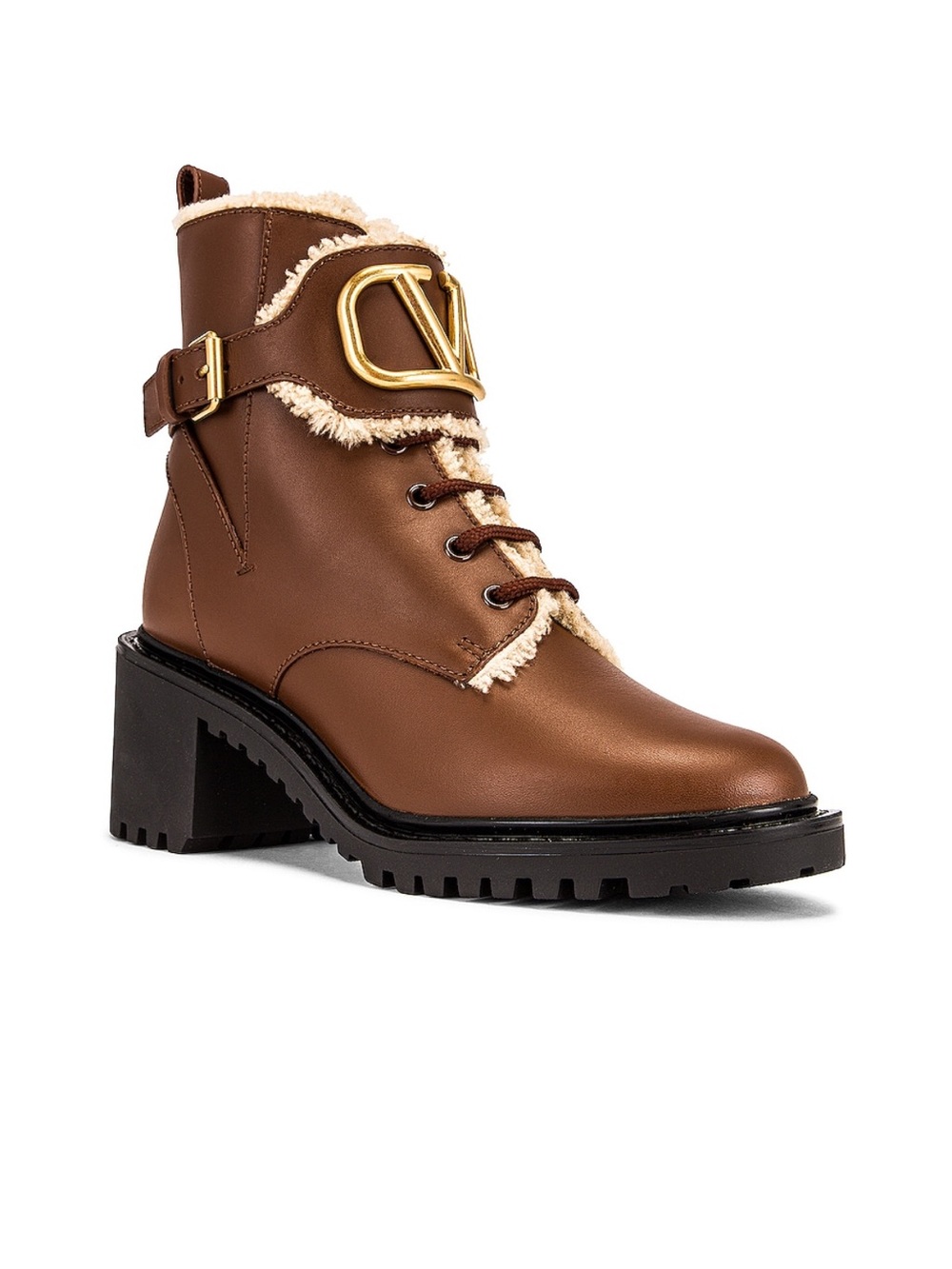 Valentino Garavani Brown Leather Shearling-Trim Combat Boots with Gold V Plaque